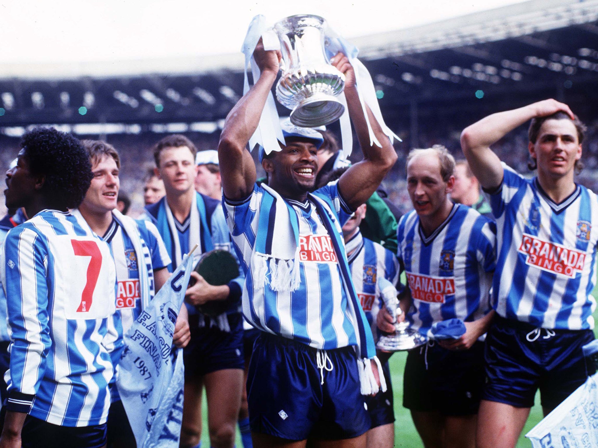 Regis lifts the FA Cup in 1987 after Coventry City beat Tottenham Hostpur 3-2