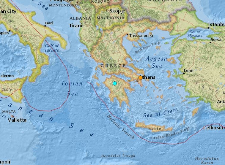 Map showing the location of two earthquakes that hit Greece on Monday