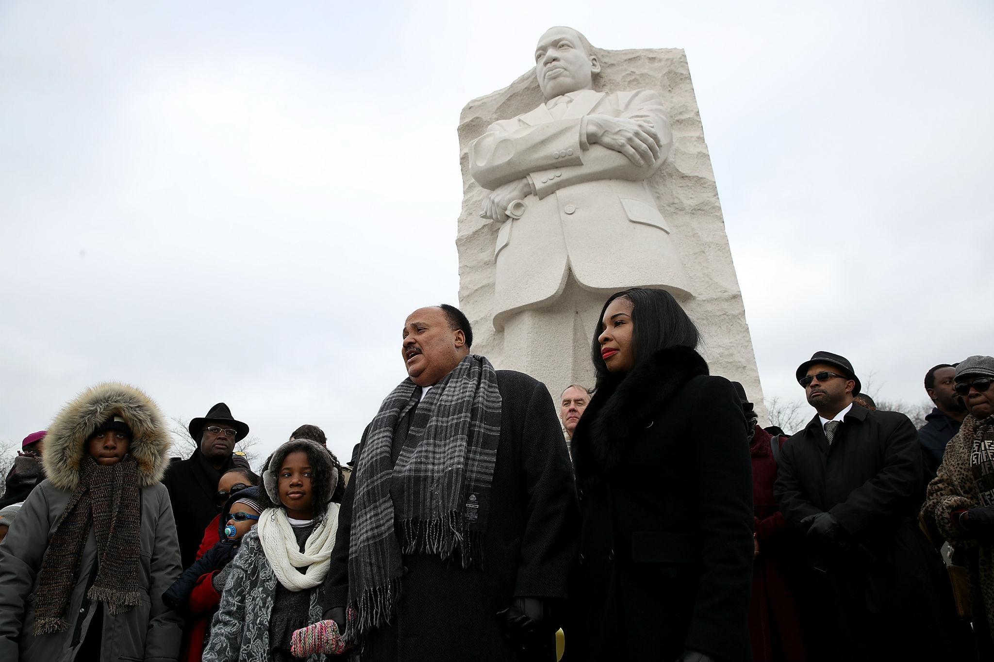 Martin Luther King III speaks in front of the Martin Luther King Jr Memorial on Martin Luther King Day January 15, 2018 in Washington DC