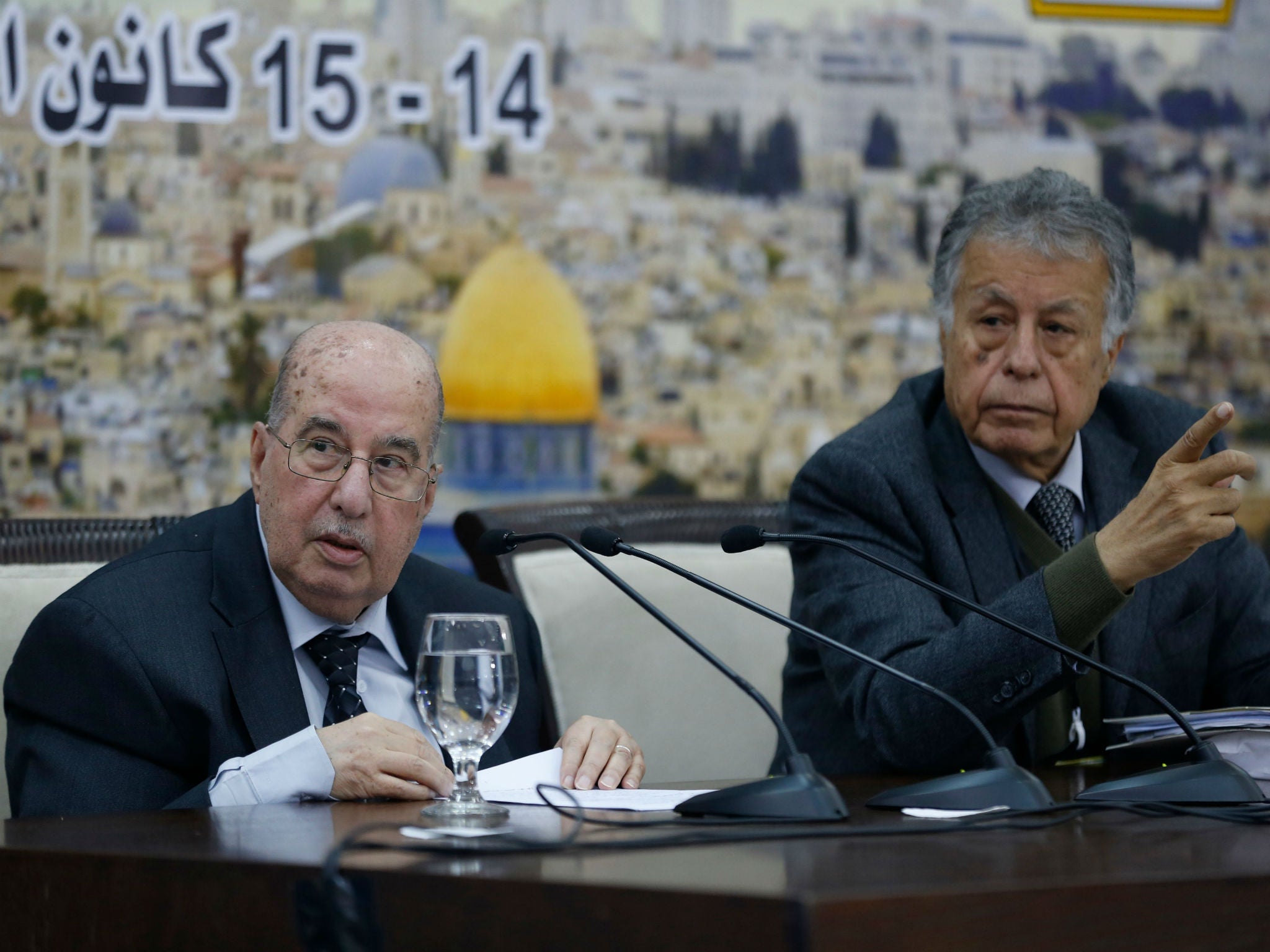 Senior Palestinian official Salim Zaanoun reads a statement at the end of a meeting of the Palestinian Central Council in the West Bank city of Ramallah