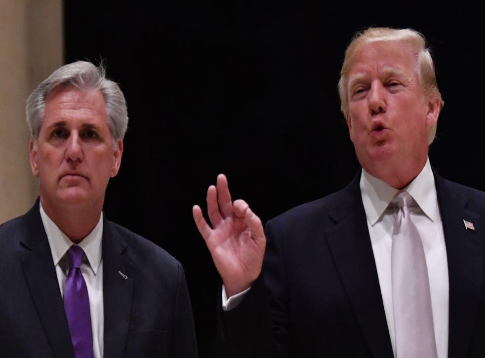 <p>House Majority Leader Kevin McCarthy, left, continues supporting Donald Trump’s election challenges.</p>
