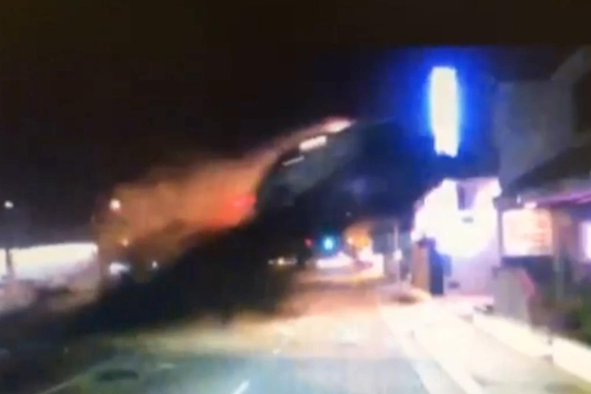Dashcam footage captures moment speeding car flies into air and becomes ...