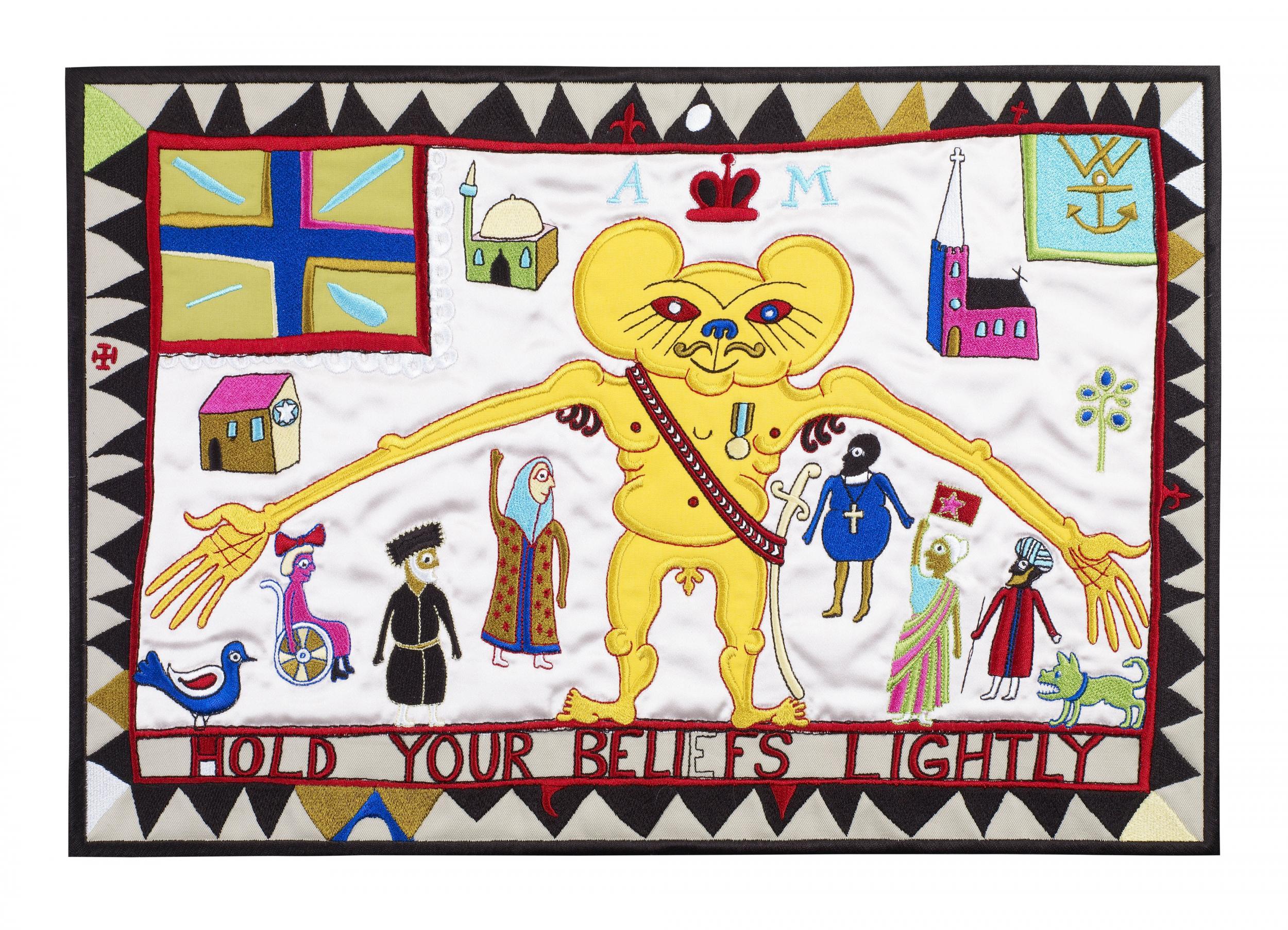 The Windsor show – an overview of some of Grayson’s major work in a wide range of media – includes the embroidery ‘Hold Your Beliefs Lightly’ (2011)