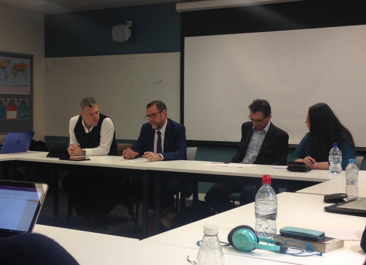 Phil Wilson, centre, with Jon Davis (left), John Rentoul and Michelle Clement, at King's College London yesterday