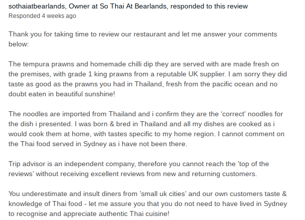 The head chef of SoThai fired back at a rude customer