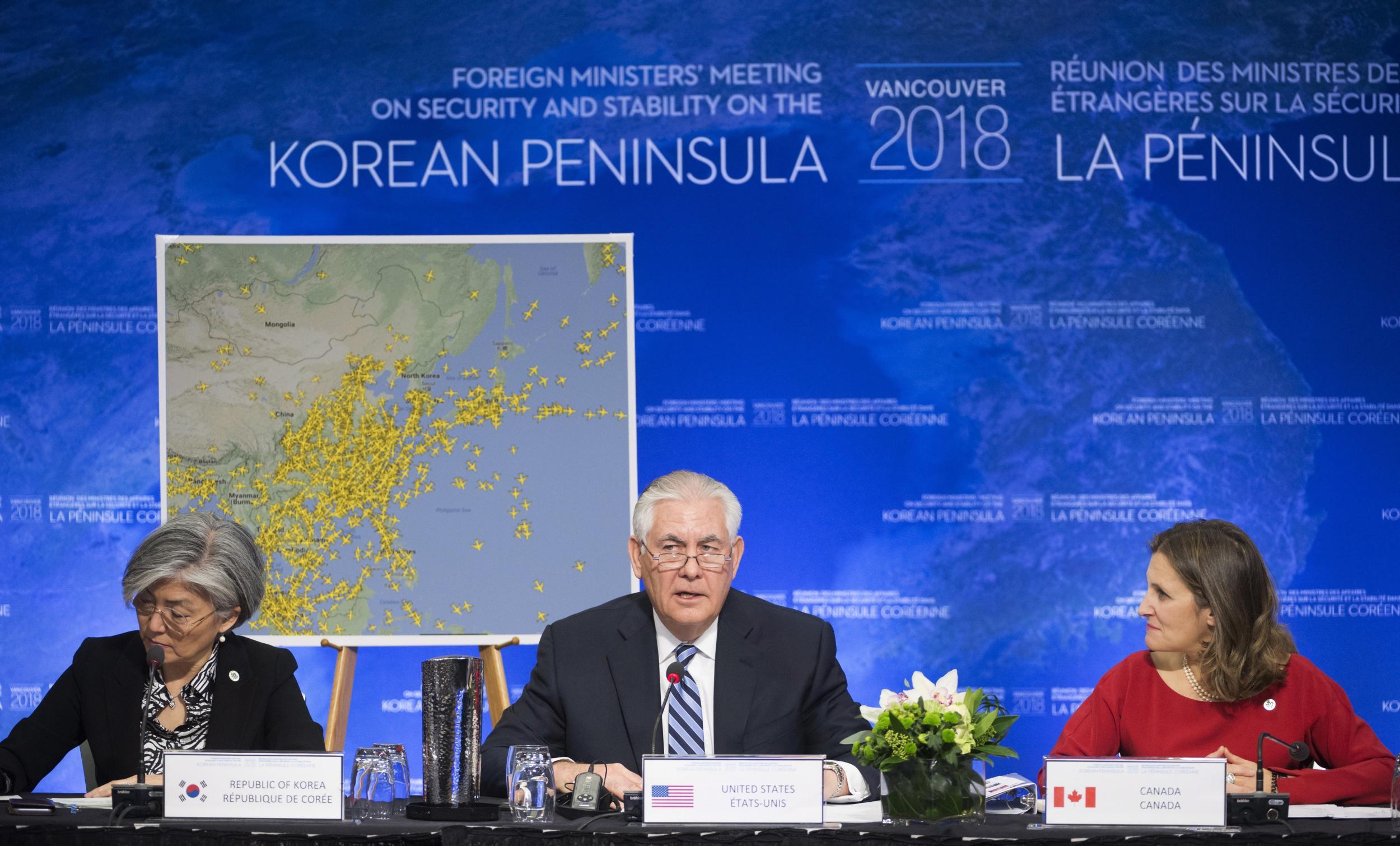 Canadian Foreign Affairs Minister Chrystia Freeland and South Korean Foreign Minister Kang Kyung-wha listen as US Secretary of State Rex Tillerson speaks during a meeting on North Korea
