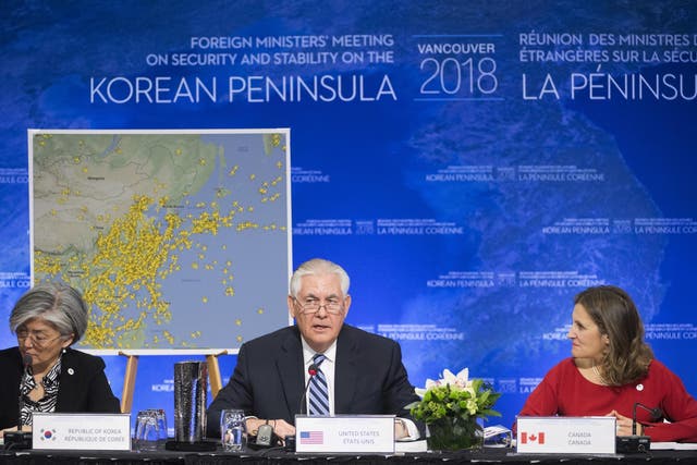 Canadian Foreign Affairs Minister Chrystia Freeland and South Korean Foreign Minister Kang Kyung-wha listen as US Secretary of State Rex Tillerson speaks during a meeting on North Korea