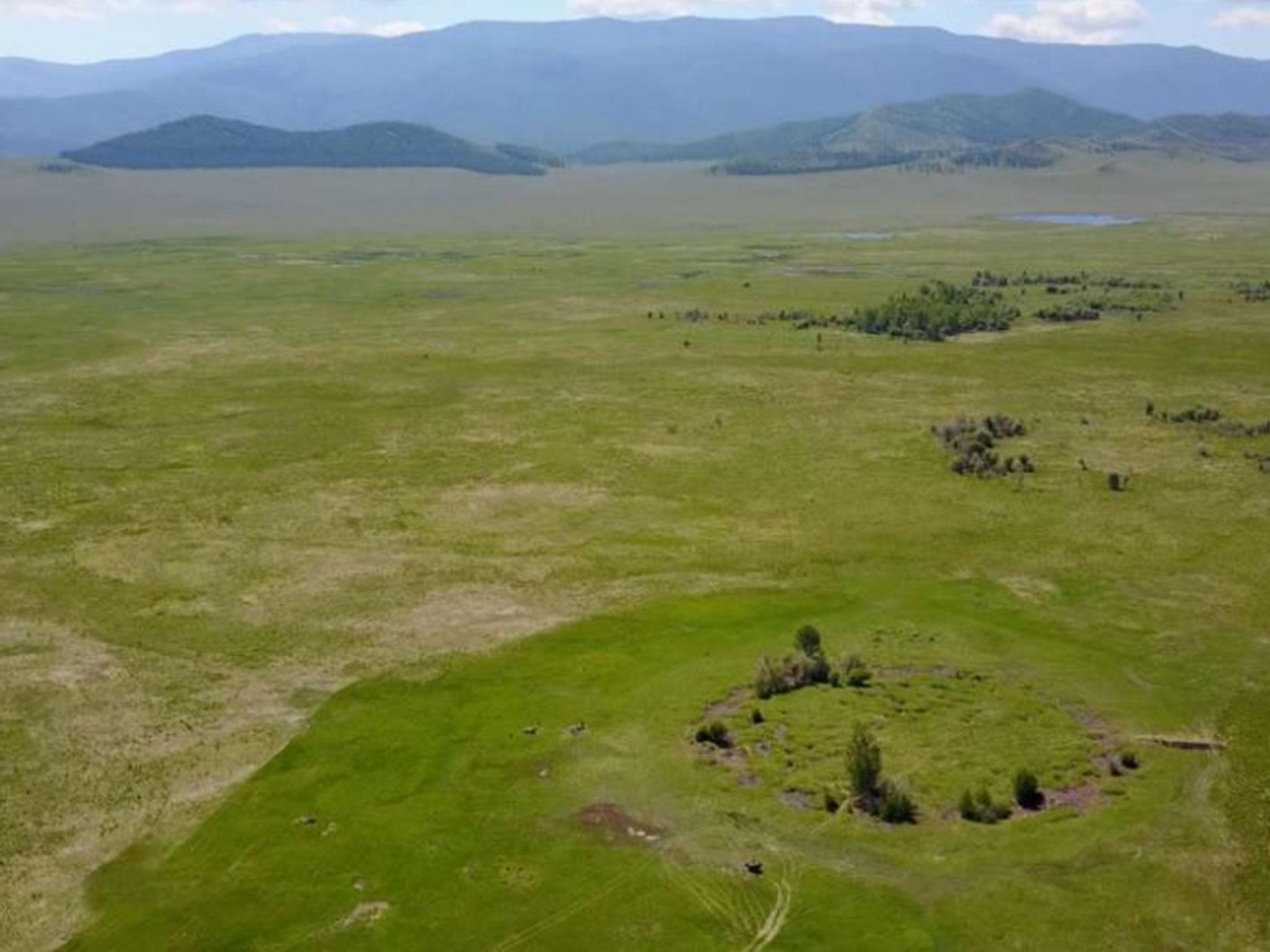 An aerial view of the burial mound in southern Siberia