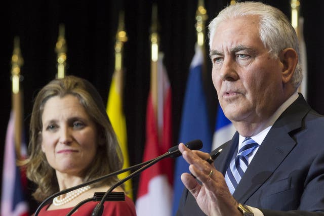 Canada's Minister of Foreign Affairs, Chrystia Freeland, and Secretary of State of the United States, Rex Tillerson, address a news conference following a meeting on the Security and Stability on the Korean Peninsula in Vancouver, British Columbia
