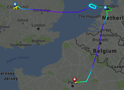 Mystery tour: Flightpath of KLM 1420 from Birmingham, which diverted from Amsterdam to Paris