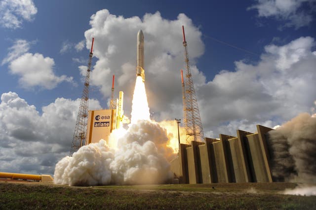 An Ariane rocket carrying four European Galileo navigation satellites launches in 2016 in Kourou, French Guiana