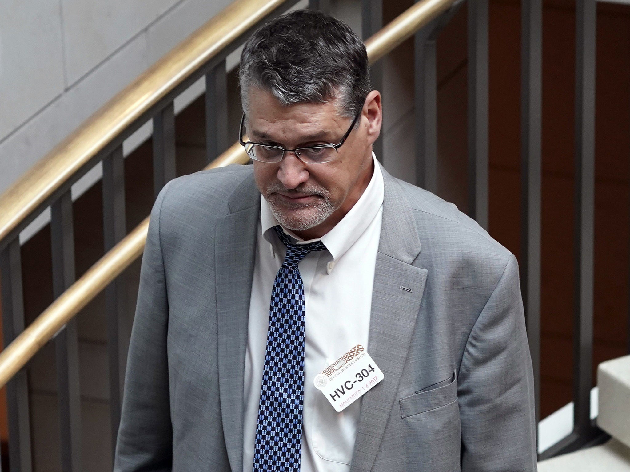 (FILE) Glenn R. Simpson, co-founder of the research firm Fusion GPS, arrives for a scheduled appearance before a closed House Intelligence Committee hearing on Capitol Hill in Washington