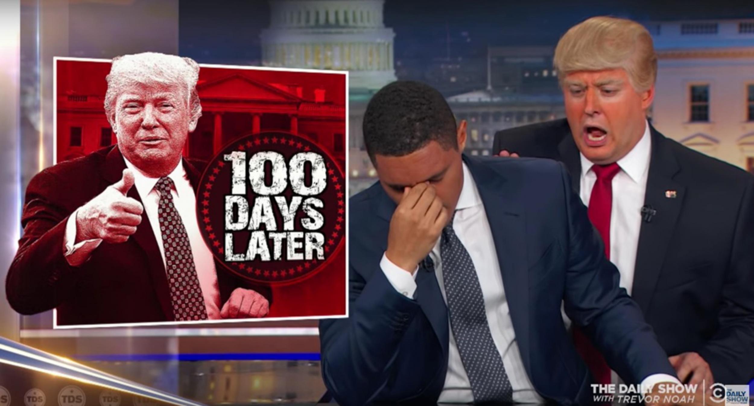Trevor Noah presenting the Daily Show with Donald Trump impersonator