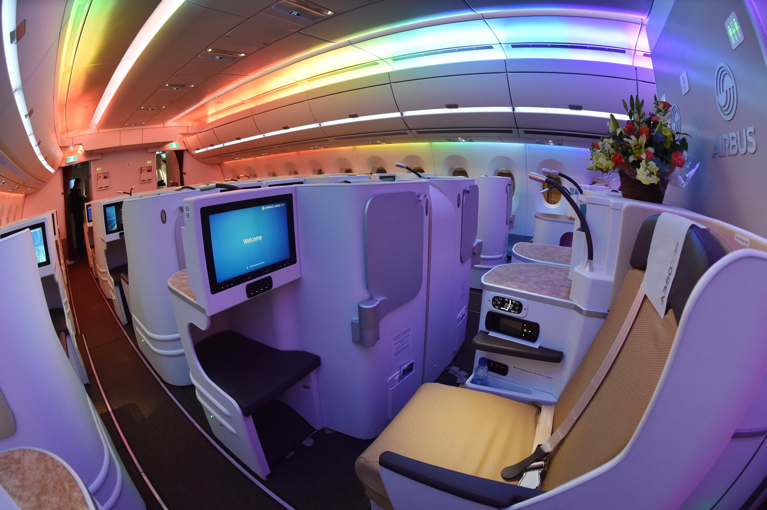 A Japan Airlines business class cabin