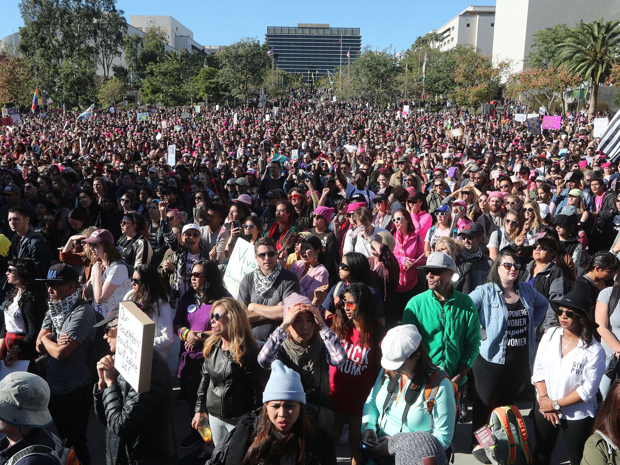 Thousands of demonstrators listen to speakers at the Women's March in Los Angeles, California, on 20 January 2018.