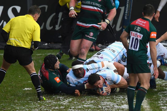 Henry Chavency scores the first try for Racing 92 in their 23-20 win over Leicester Tigers