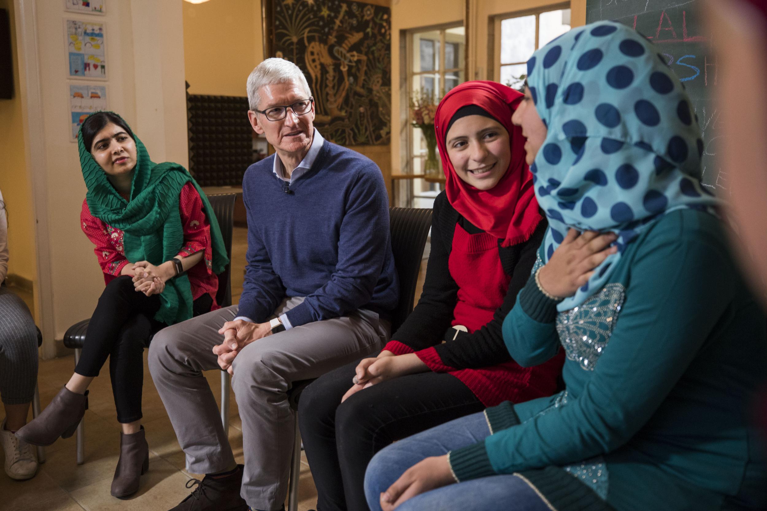 Apple CEO Tim Cook and Nobel Peace Prize Laureate Malala Yousafzai with Lebanese and Syrian students supported by Malala Fund in Beirut, Lebanon