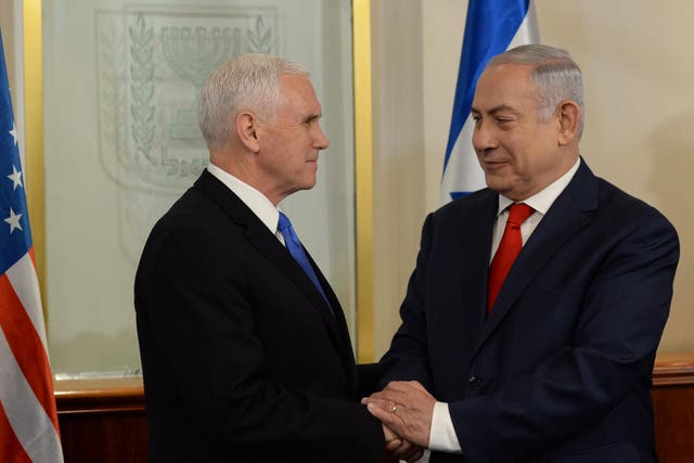 US Vice President Mike Pence (left) meets Israeli Prime Minister Benjamin Netanyahu yesterday at the Prime Minister’s office in Jerusalem, Israel