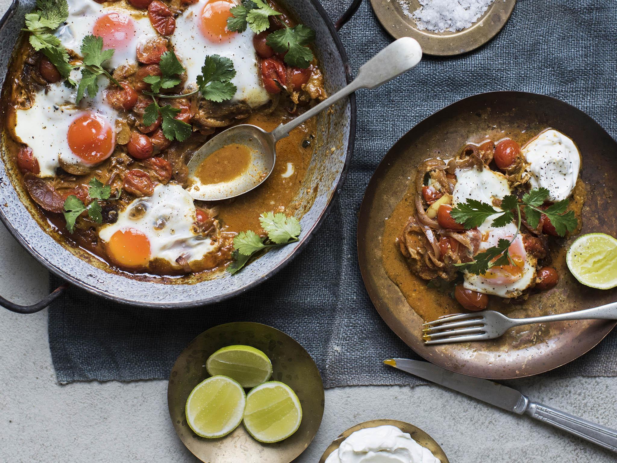 Layer different leftover curries in this shakshuka for a breakfast with a kick