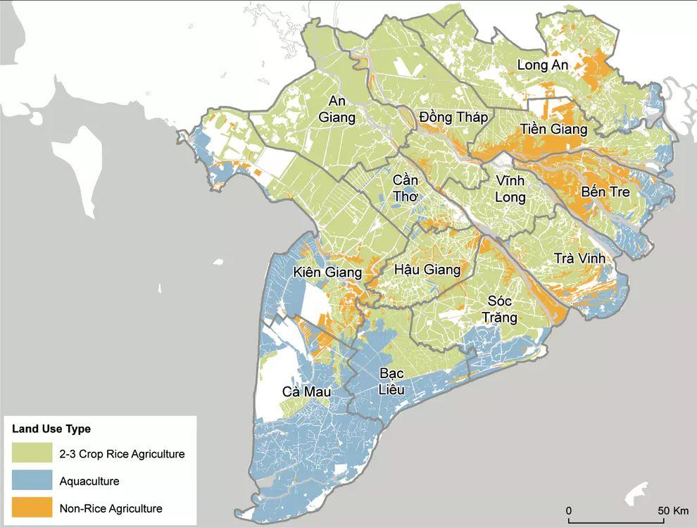 The graph shows differences in how land is used in various parts of the delta