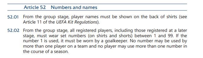 Uefa Europa League regulations state 'no number may be used by more than one player on a team'