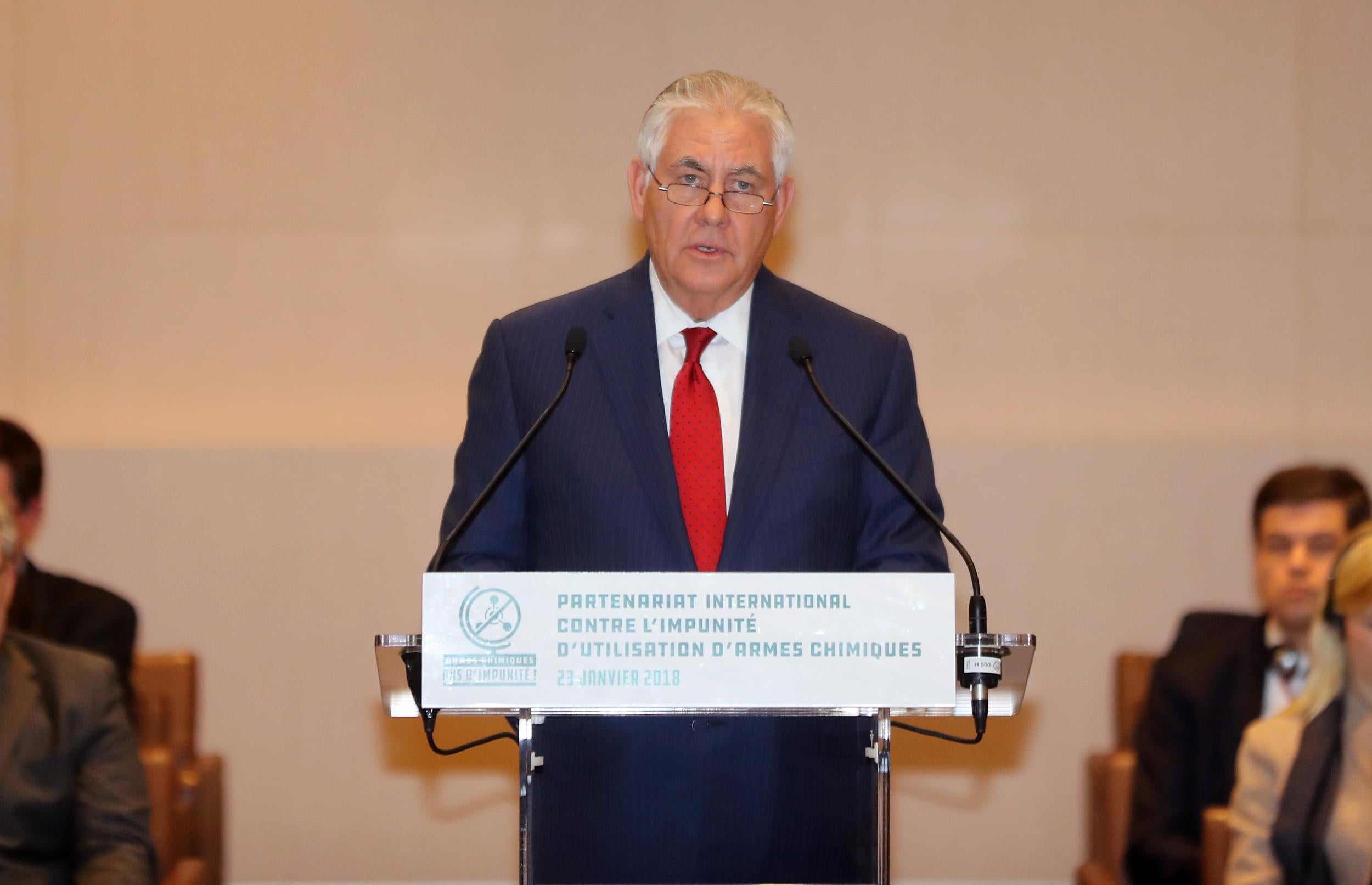 Rex Tillerson speaks during a meeting of diplomats pushing for sanctions and criminal charges against the perpetrators of chemical attacks in Syria