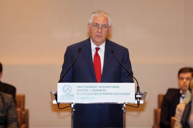 Rex Tillerson speaks during a meeting of diplomats pushing for sanctions and criminal charges against the perpetrators of chemical attacks in Syria