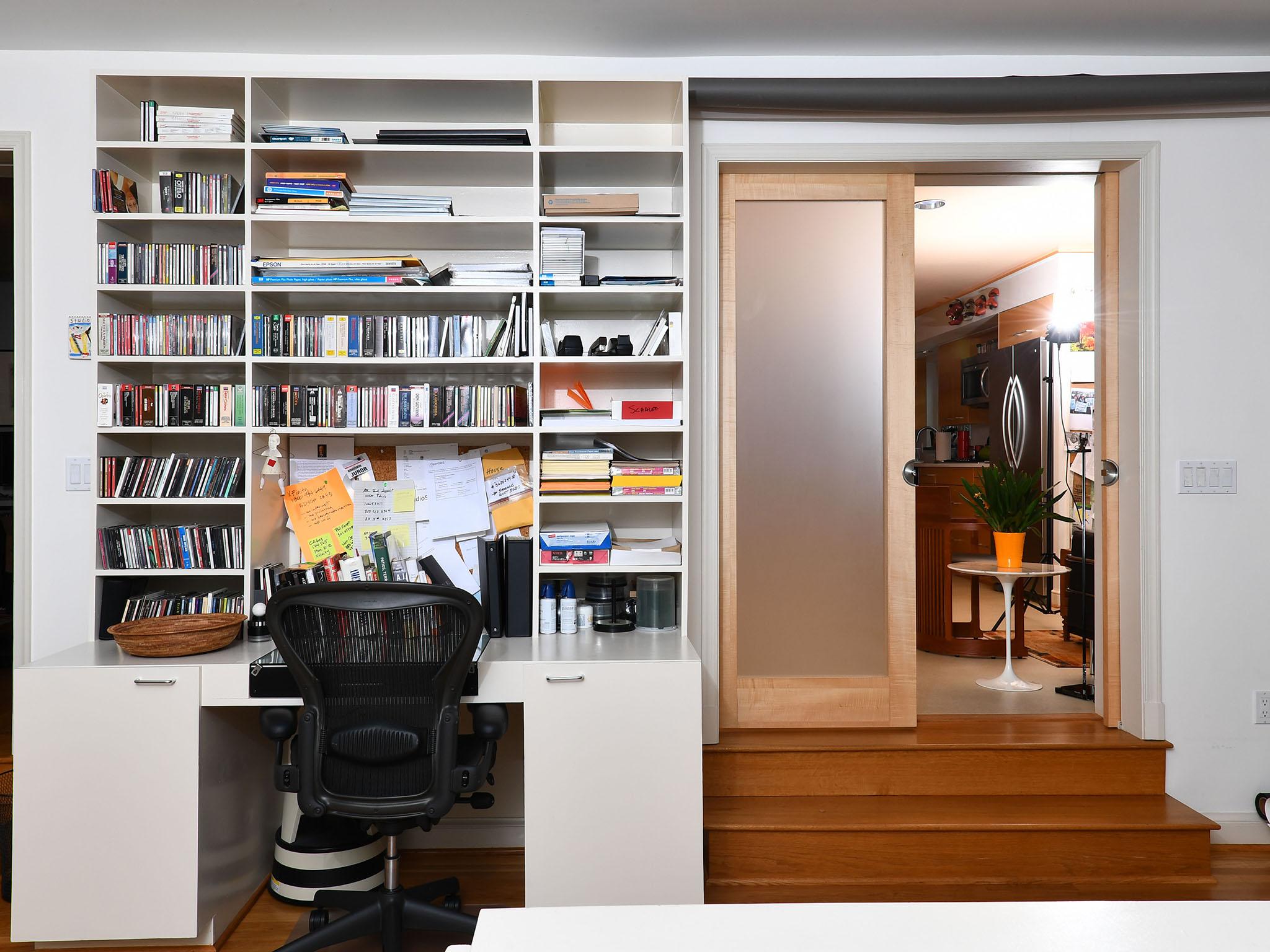 Frosted pocket doors can close off the home office from the rest of the house