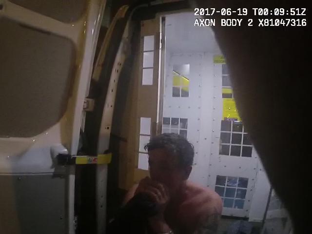 Body-worn cameras show suspect Mr Osborne in the police van after the attack, where he launched into an expletive-filled tirade