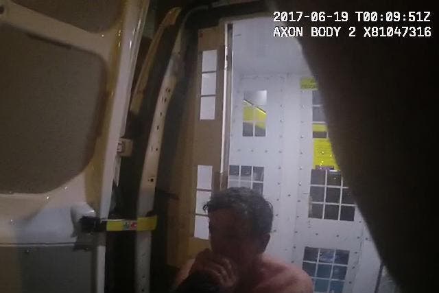 Body-worn cameras show suspect Mr Osborne in the police van after the attack, where he launched into an expletive-filled tirade