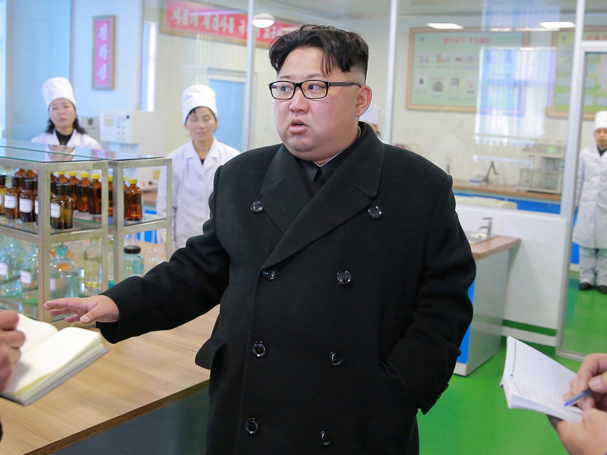 North Korean leader Kim Jong-un during a visit to a Pyongyang Pharmaceutical Factory