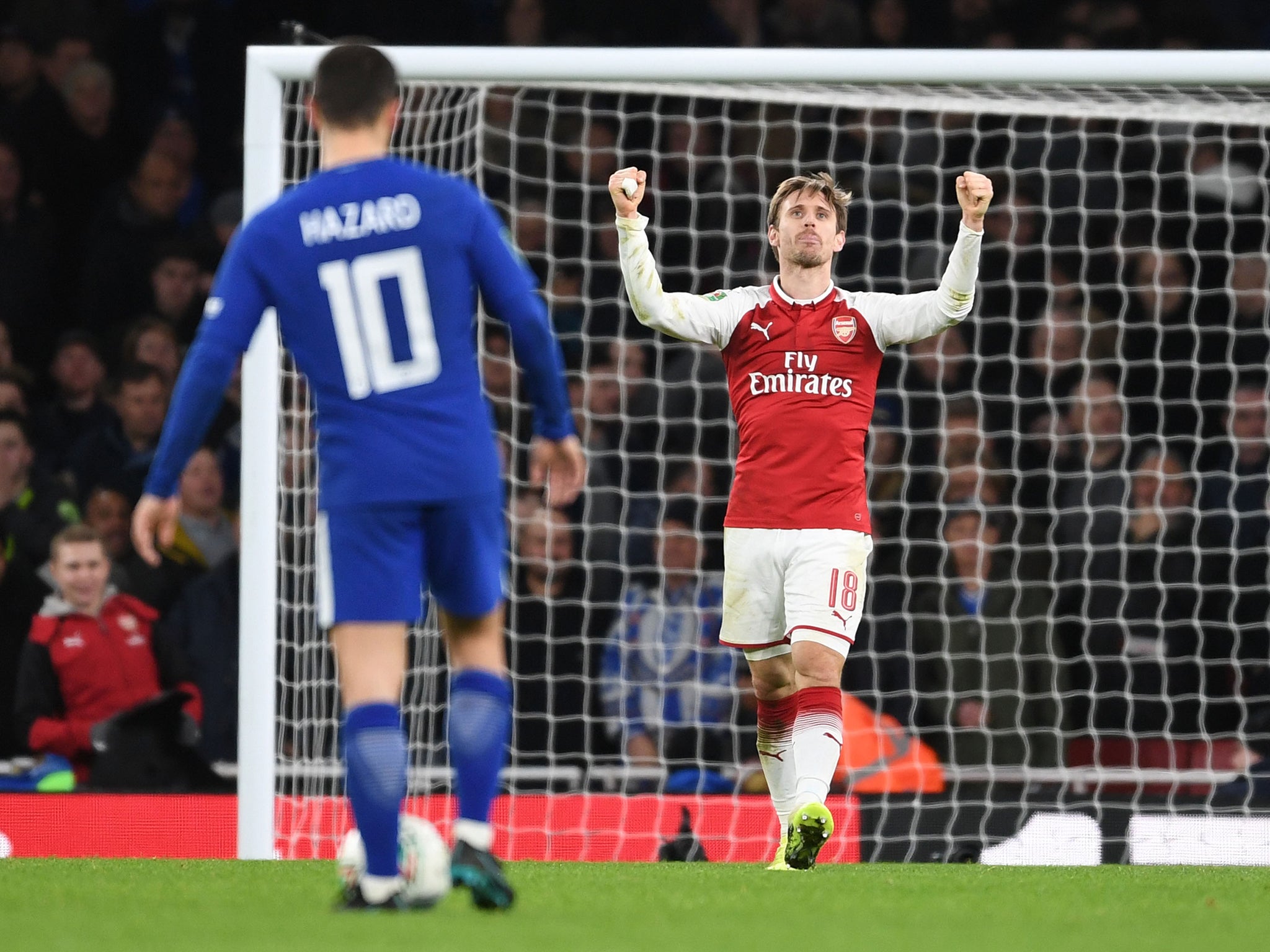 Nahco Monreal, Arsenal's unlikely but indispensable hero, celebrates the 2-1 victory over Chelsea