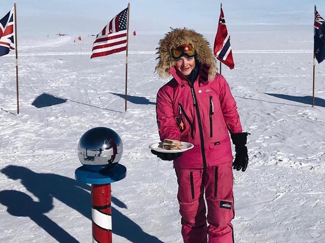 Jade Hameister, 16, with her sandwich at the South Pole