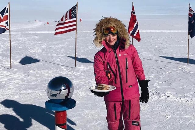 Jade Hameister, 16, with her sandwich at the South Pole
