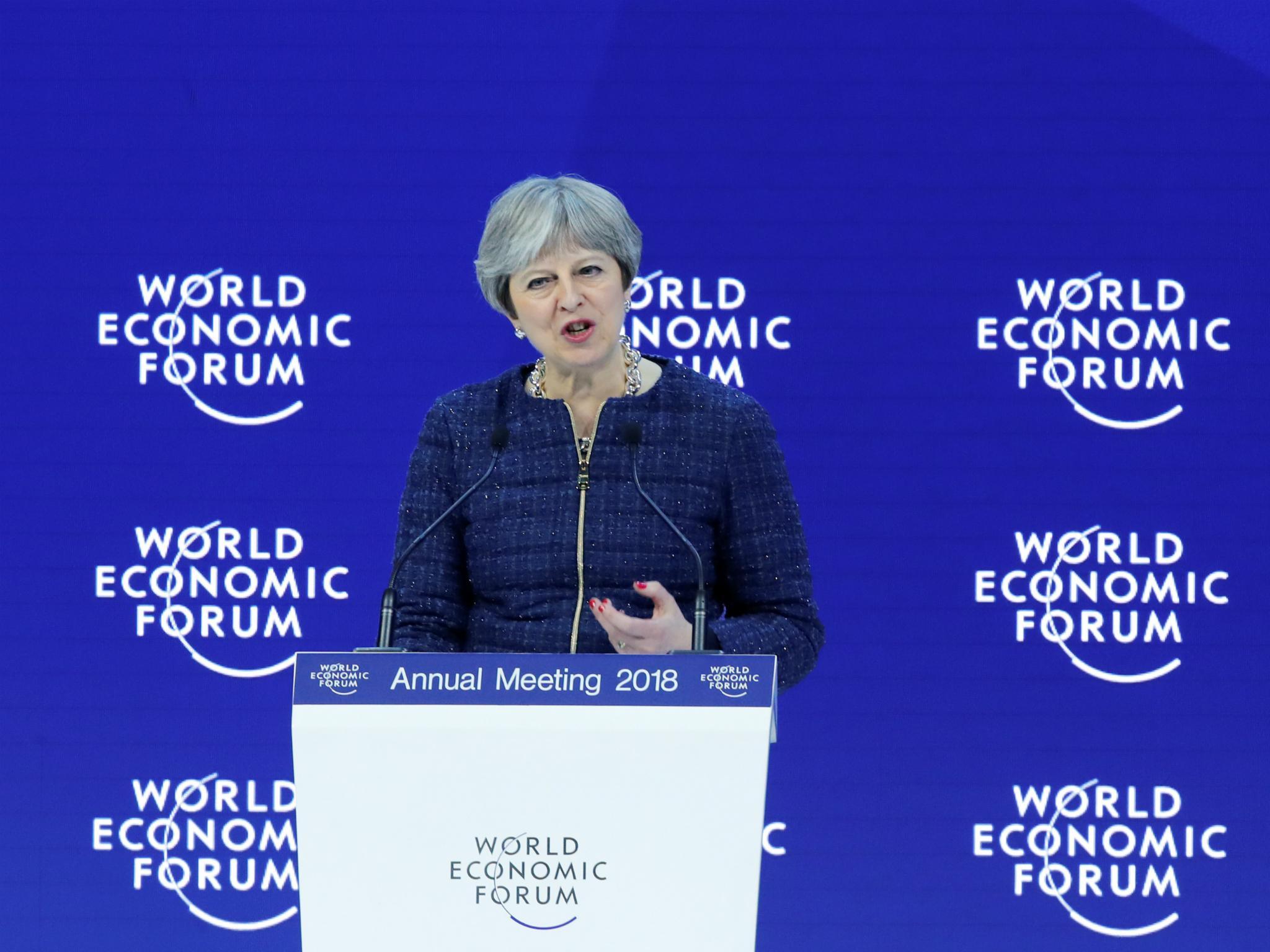 Britain's Prime Minister Theresa May addresses a speech during the World Economic Forum (WEF) annual meeting in Davos, Switzerland January 25, 2018