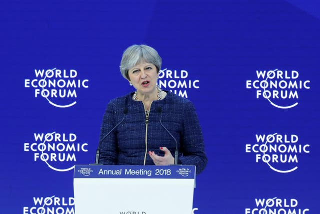 Britain's Prime Minister Theresa May addresses a speech during the World Economic Forum (WEF) annual meeting in Davos, Switzerland January 25, 2018