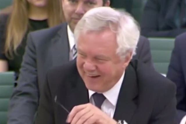 Brexit secretary David Davis laughs during a Brexit select committee hearing