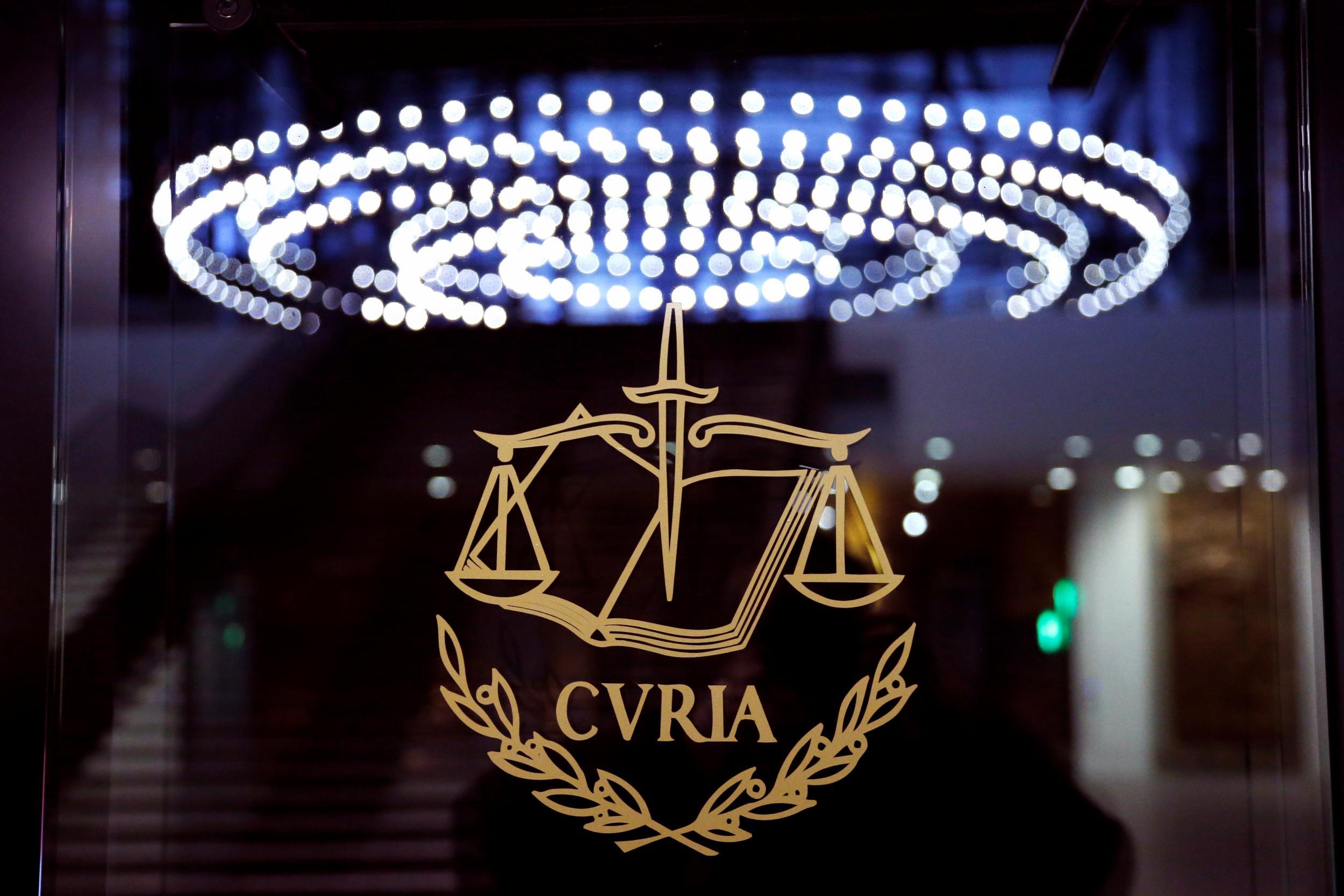The logo of the European Court of Justice is pictured outside the main courtroom in Luxembourg
