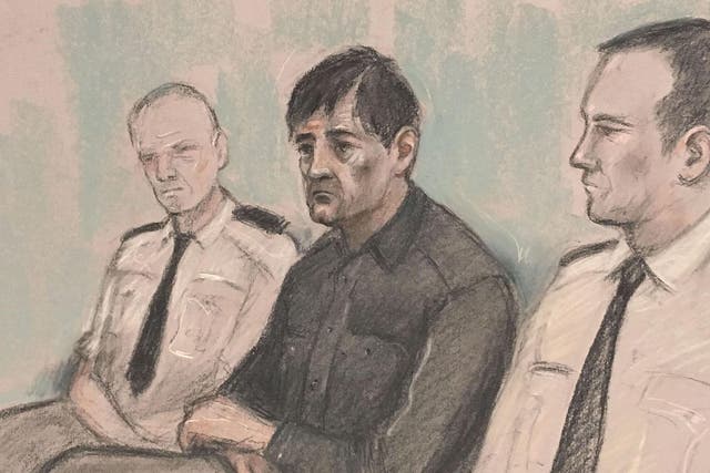 An artist’s sketch of Darren Osborne at Woolwich Crown Court, where he is on trial for murder