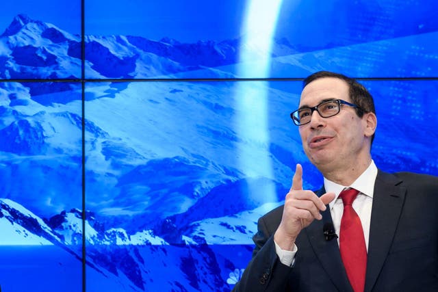 US Secretary of the Treasury Steven Mnuchin gestures on January 25, 2018 as he attends the Economic Forum (WEF) annual meeting in Davos, eastern Switzerland