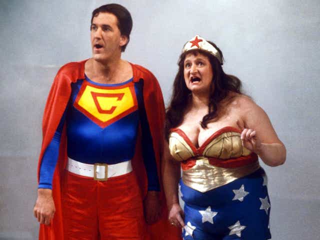 Russ Abbot (as Cooperman) and Bella Emberg (as Blunder Woman) in ‘Russ Abbot’s Madhouse’, 1985. ‘The first time I put the costume on I span round and my boobs fell out!’