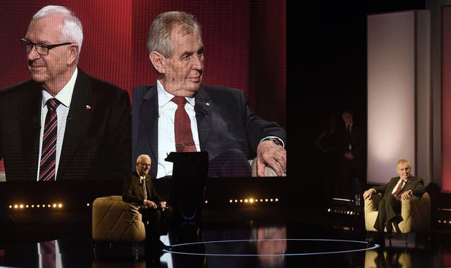 Jiri Drahos and incumbent Milos Zeman on Czechia's TV Prima prior to the second round of the presidential election
