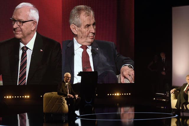 Jiri Drahos and incumbent Milos Zeman on Czechia's TV Prima prior to the second round of the presidential election