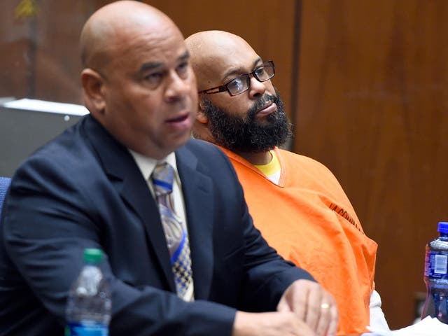 Marion 'Suge' Knight appears in court with his Lawyer Matthew P Fletcher for his bail hearing on 20 March 2015 in Los Angeles