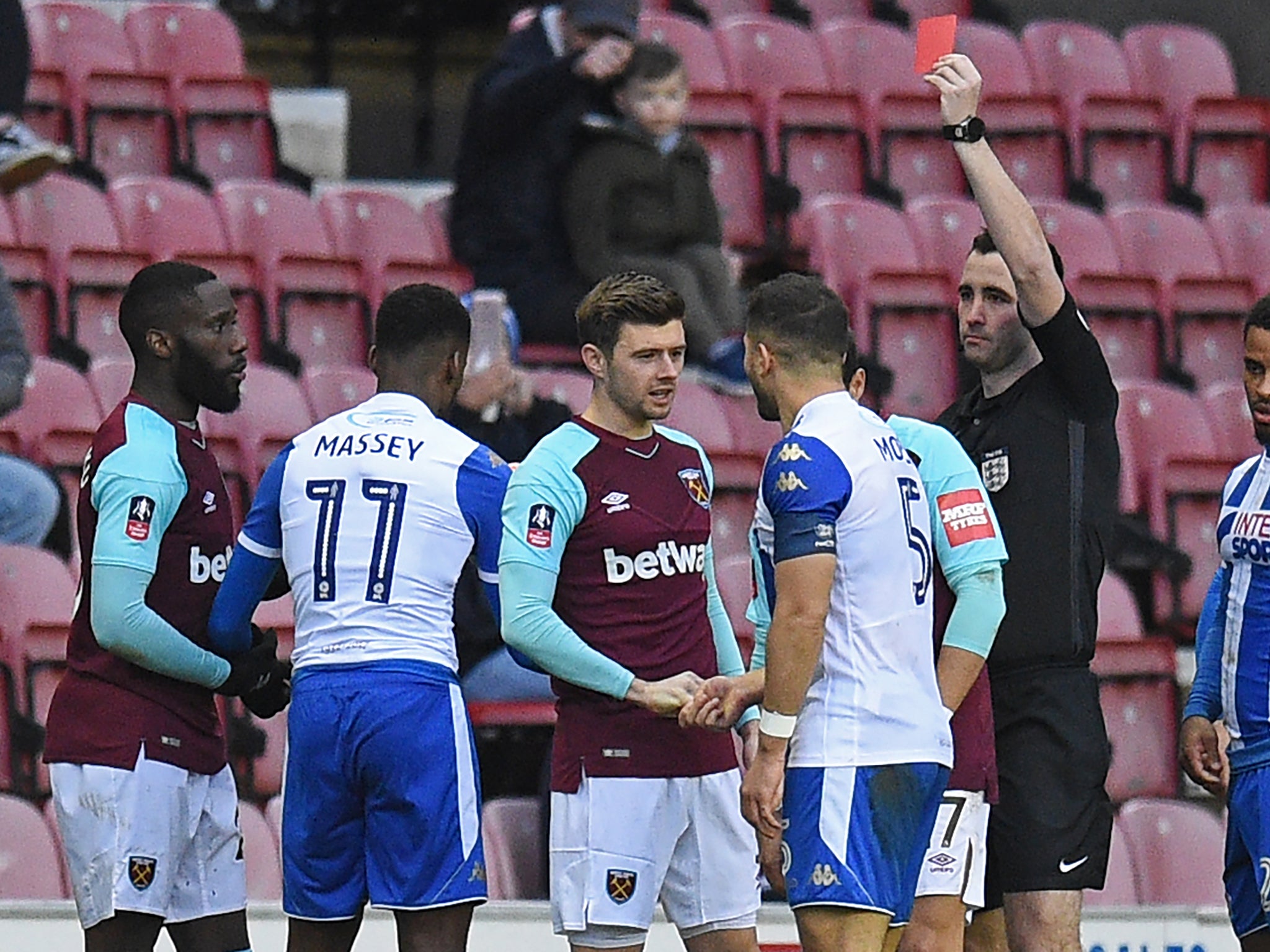 Masuaku was shown a straight red card after spitting towards Nick Powell