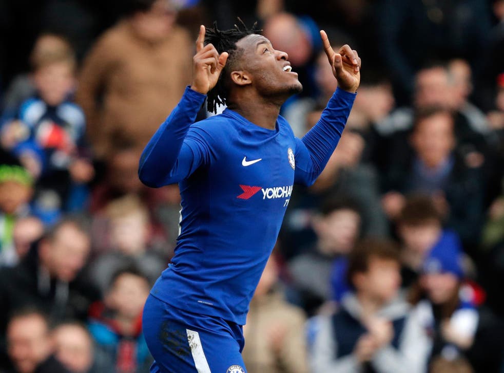Michy Batshuayi celebrates after scoring the opening goal in Chelsea's FA Cup clash with Newcastle