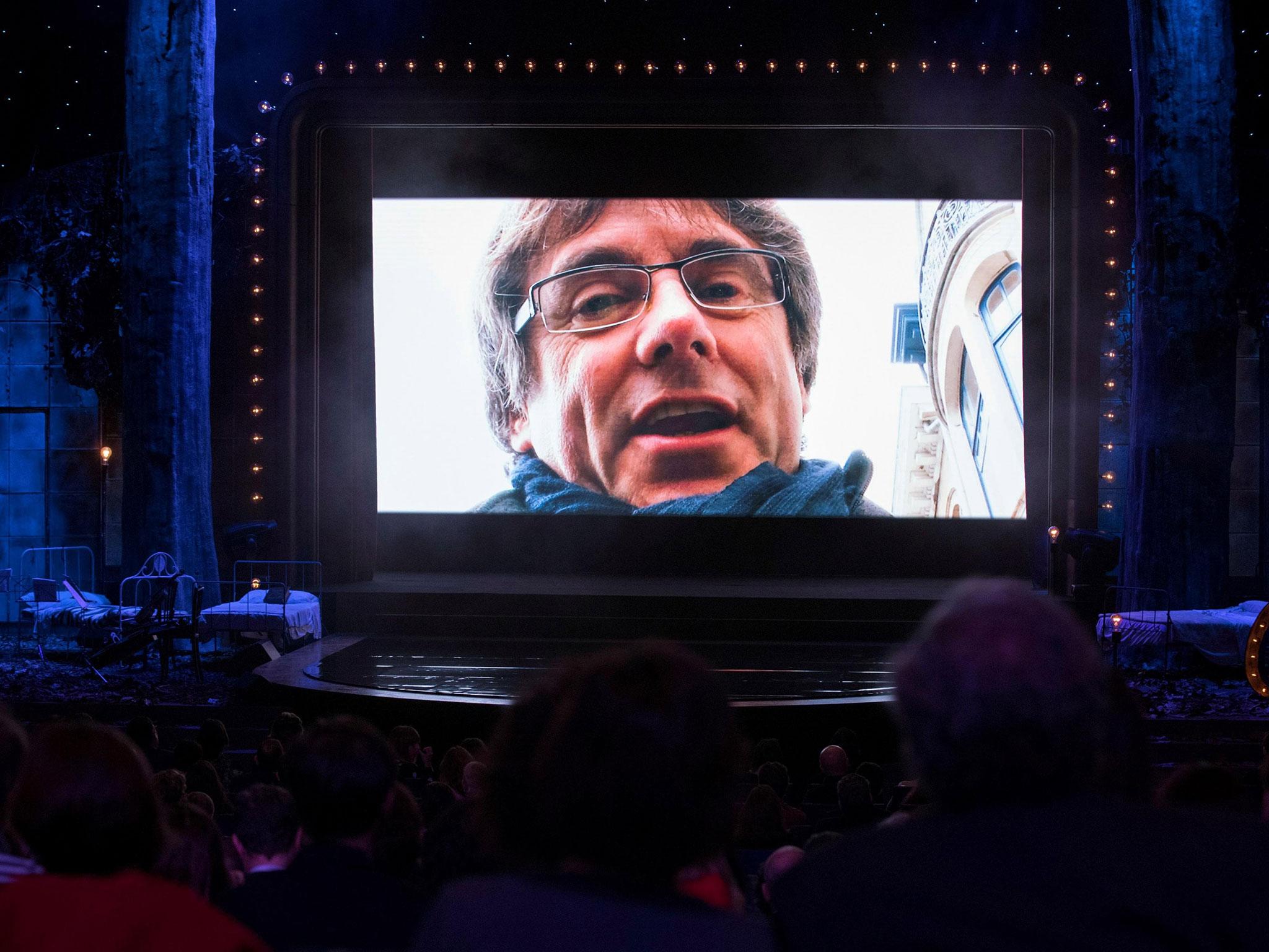 The ousted Catalan leader speaks via videolink during the 10th Gaudi Awards in Barcelona on Sunday