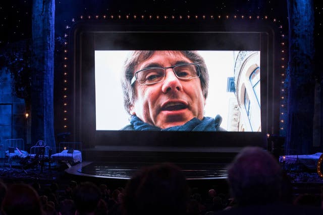 The ousted Catalan leader speaks via videolink during the 10th Gaudi Awards in Barcelona on Sunday