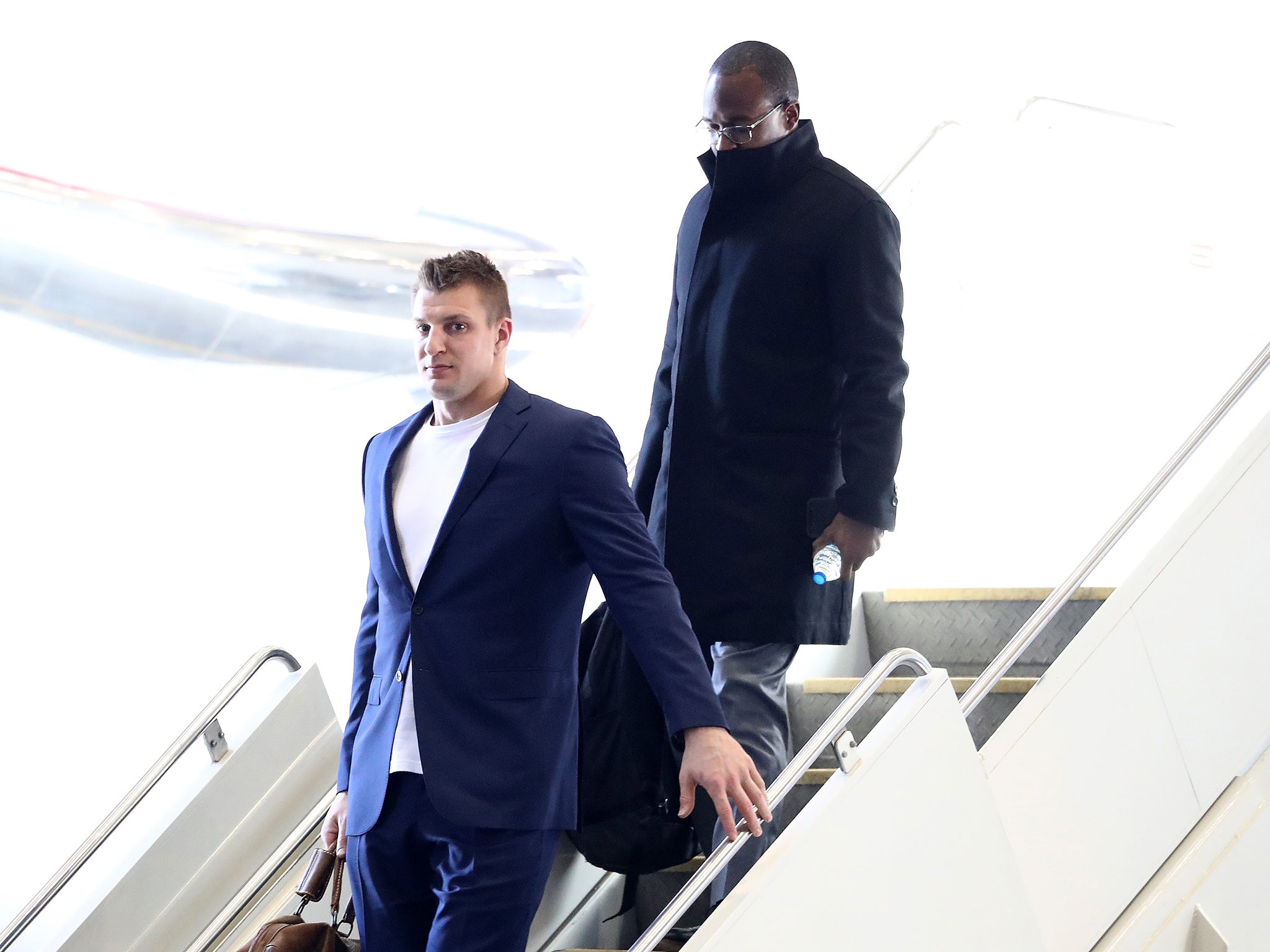 Rob Gronkowski arrives with the New England Patriots in Minneapolis