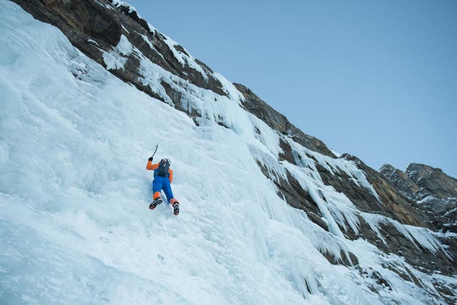 Dani Arnold makes a free solo ascent of the icefall Beta Block Super up the Breitwangfluh above Kandersteg, Switzerland